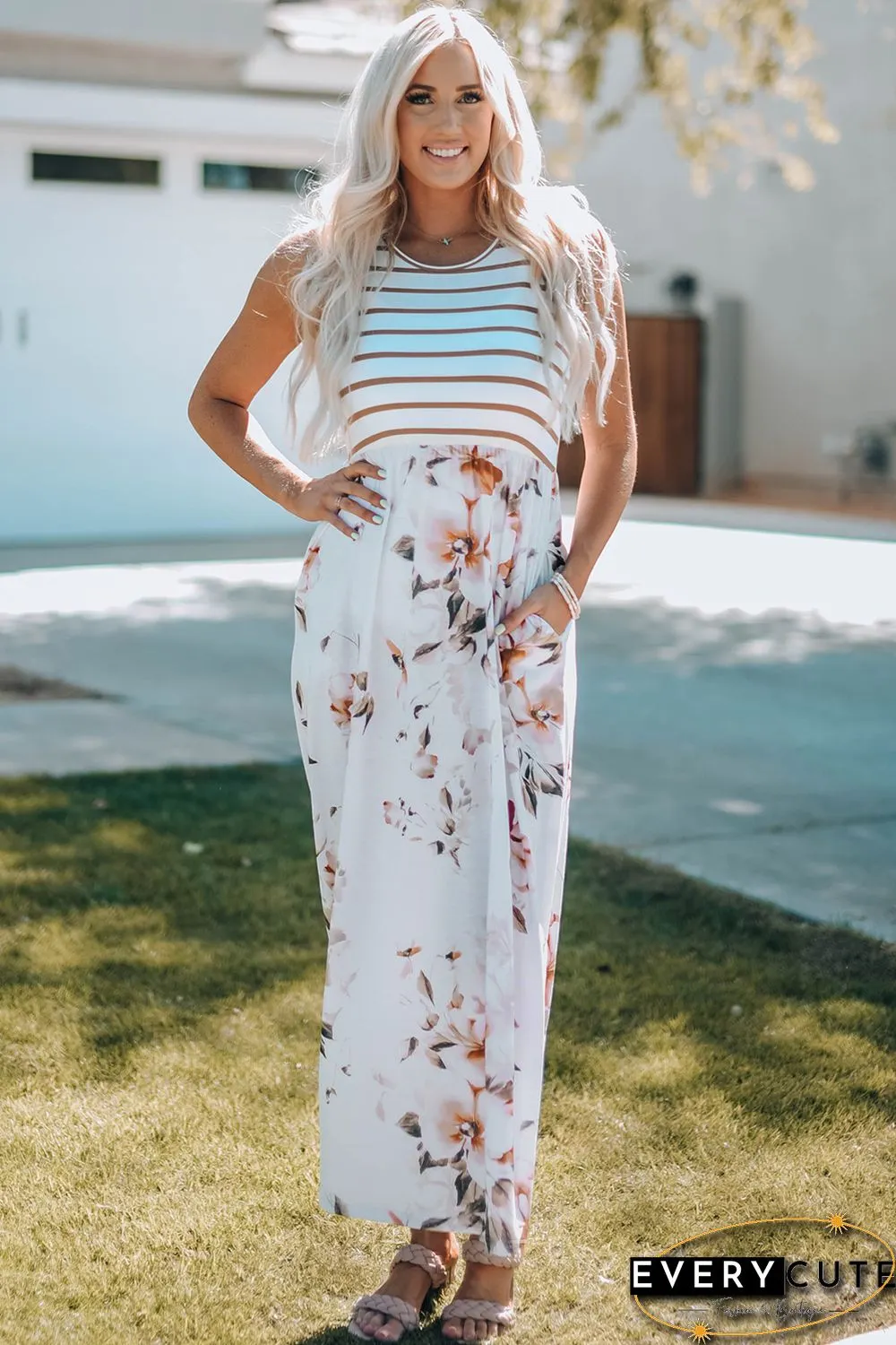 White Striped Floral Print Sleeveless Maxi Dress with Pocket