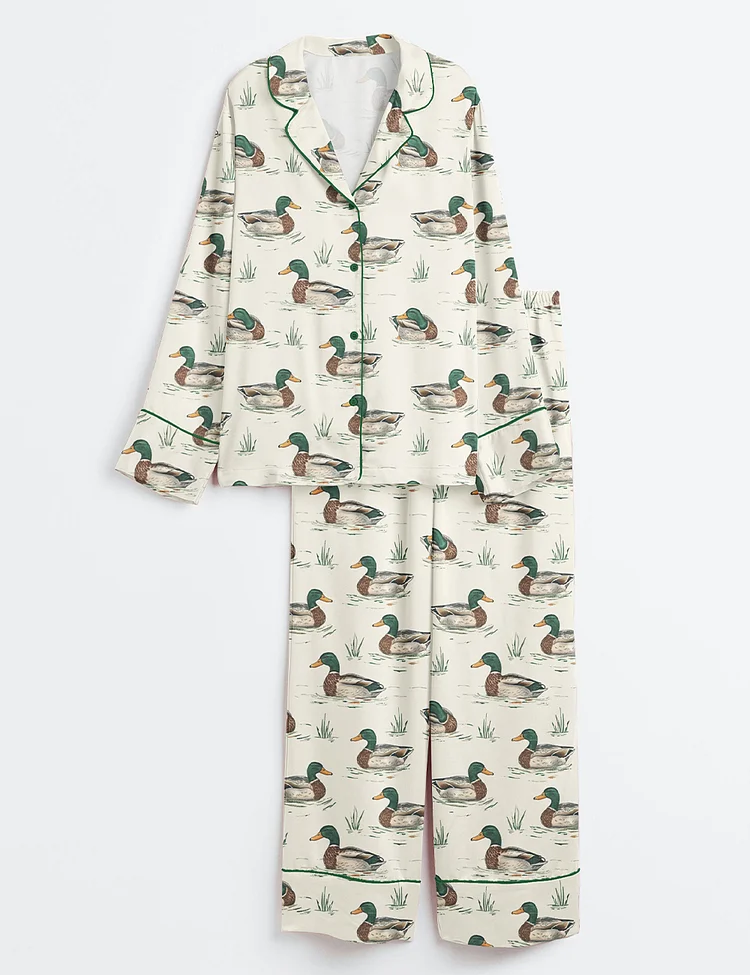 Women&rsquo;s Watercolor Mallard Duck Duck Hunting Long Sleeve Satin Pajama Set