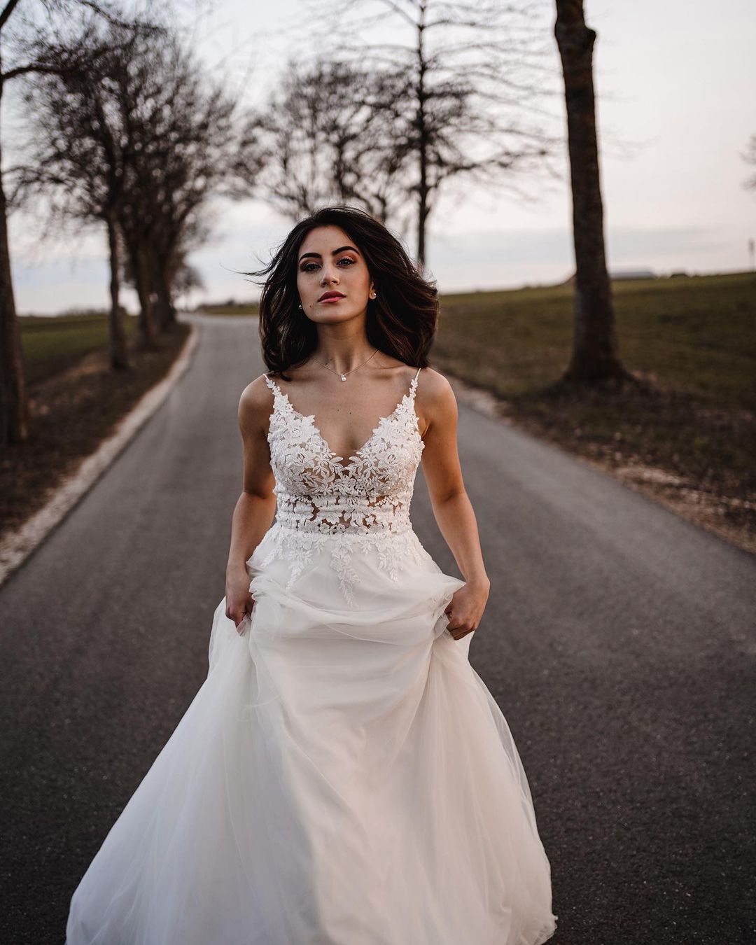 Ovlias Simple Long Wedding Dress A-Line V-Neck Tulle with Appliques WD0529