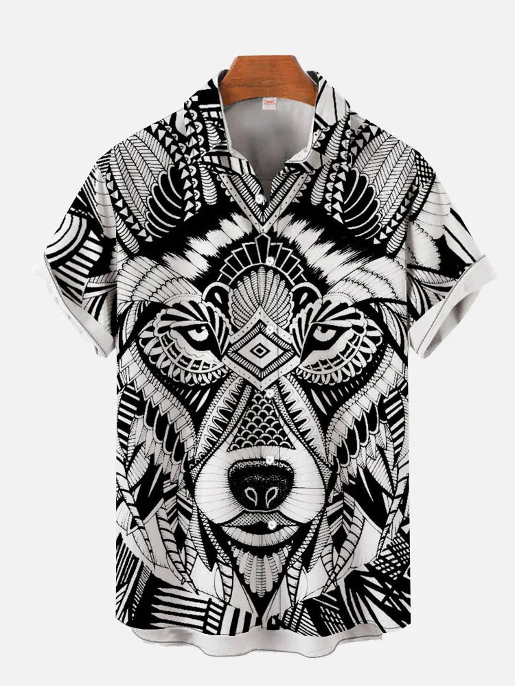 Full-Print Black-White Abstract Art Tiger Printing Men's Short Sleeve Shirt