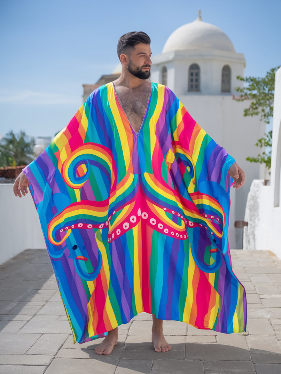 Men's Colorful Octopus Polyester V Neck Robe