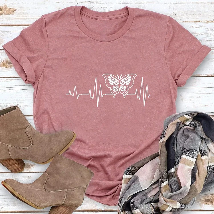 Heartbeat Butterfly Round Neck T-shirt