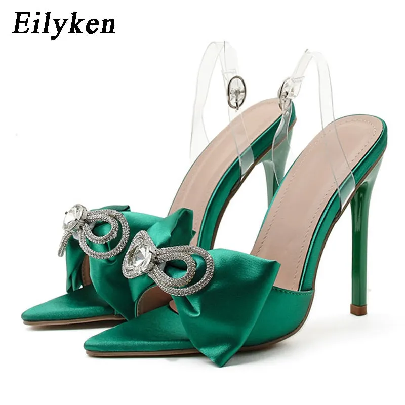 Eilyken Rhinestone Silk Butterfly-knot Women Mule high heels Slippers Sandals Pointed toe Strappy Slides Party shoes size 35-42