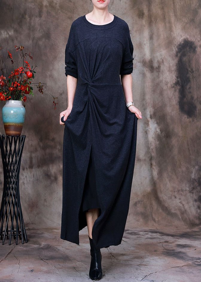 Art Dark Grey O-Neck side open Asymmetrical Velour long Dresses