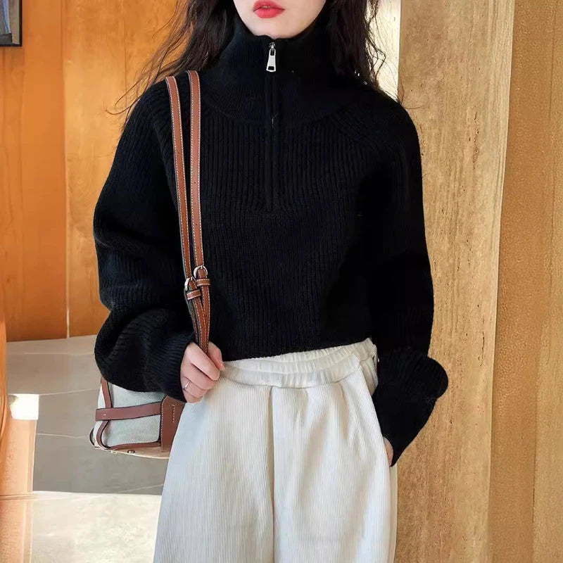 Autumn Winter  Zipper Sweaters Women Solid Color High Neck Knitted Pullover Solid Red Loose Turndown Collar Women's Turtleneck Aiertu