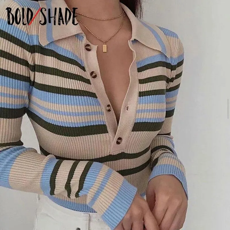 Bold Shade 90s Street Style Y2k Tops Colorblocking Striped Trun-down Collar Button Long Sleeve Indie Tee Slim Bodycorn T-shirts