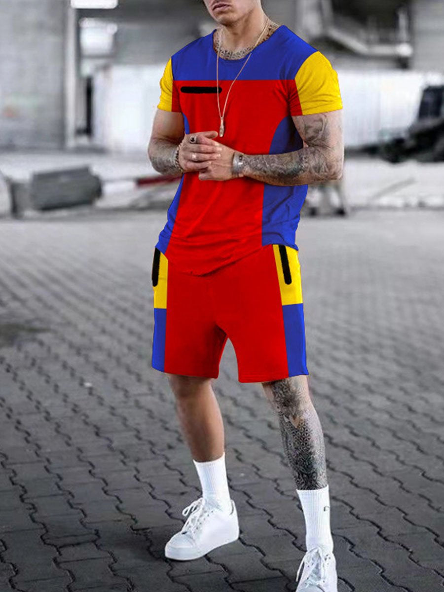 Men's Casual Short-Sleeved T-Shirt Round Neck Color-Block Five-Point Shorts Suit