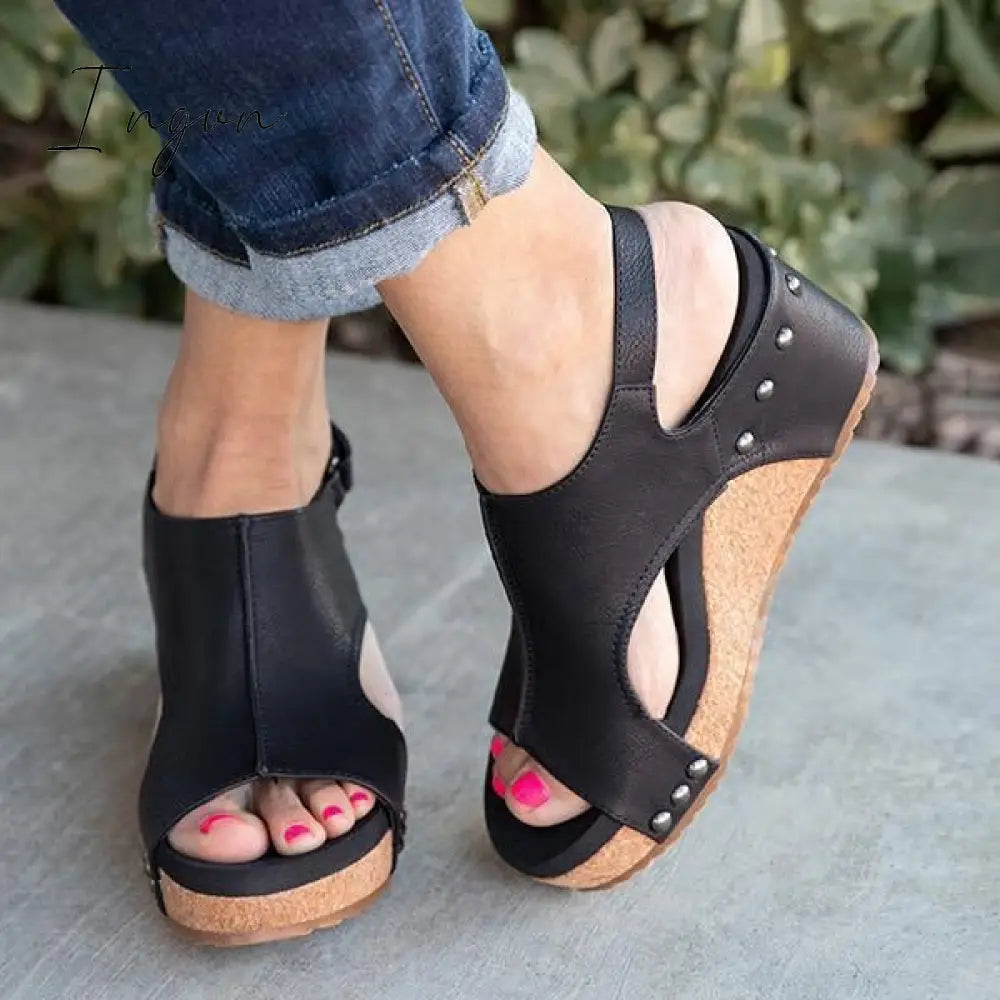 Ingvn - Women Fashion Comfy Wedges Black / 5 Sandals