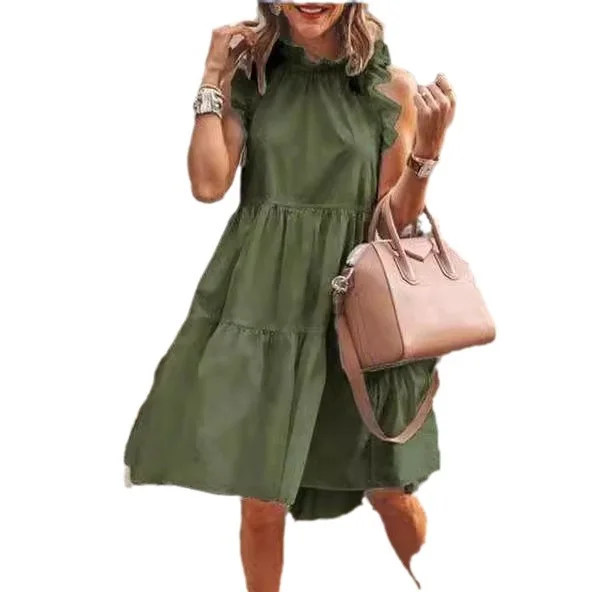 Wongn Wongn Summer Leisure Leisure Loose Sleeveless Pressure Pleated Stitching Solid Color Large Swing Round Collar Dress