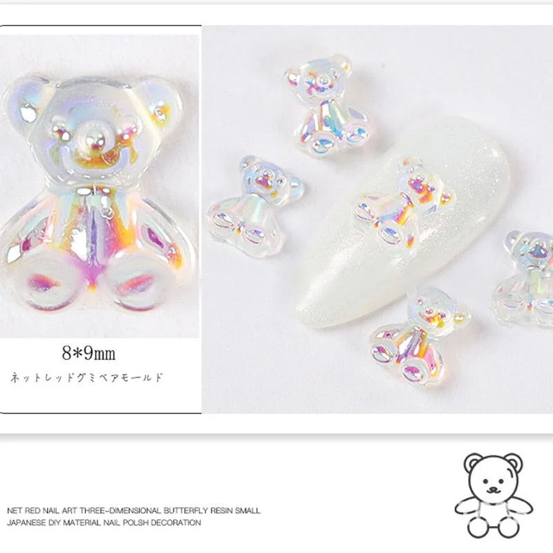 48pcs Mixed Size Aurora Little Bear Nail Art Accessories Resin Kawaii Bear Stereo FlatBack 3D Fashion Fingernail DIY Decoration-Nail Inspo