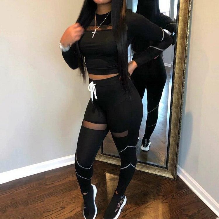 Autumn Winter Sexy Outfits for Woman Pants Set Tracksuit 2 Piece Set Women Mesh Tight Sweat Suits Female Two Piece Set