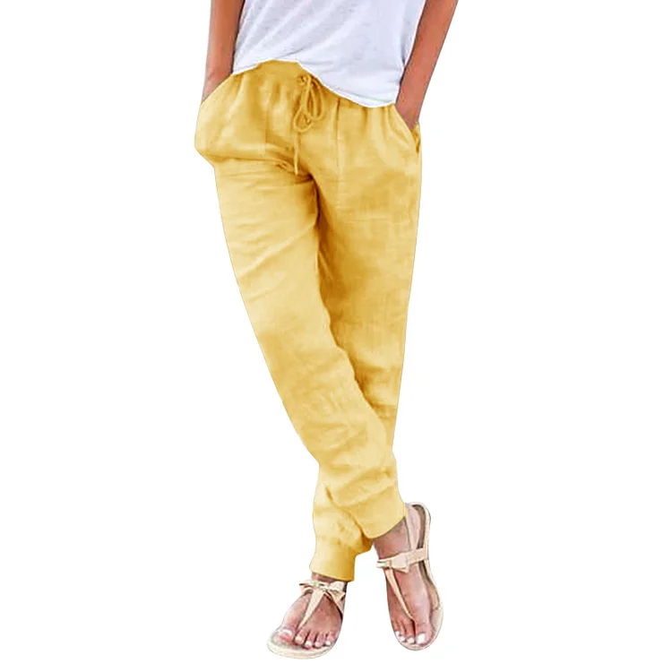 Fitvitalsupplement Women Cotton Linen Pants Solid Color Elastic Loose Drawstring Wide-Leg High Waist Trousers Female Stretch Straight Casual Pants