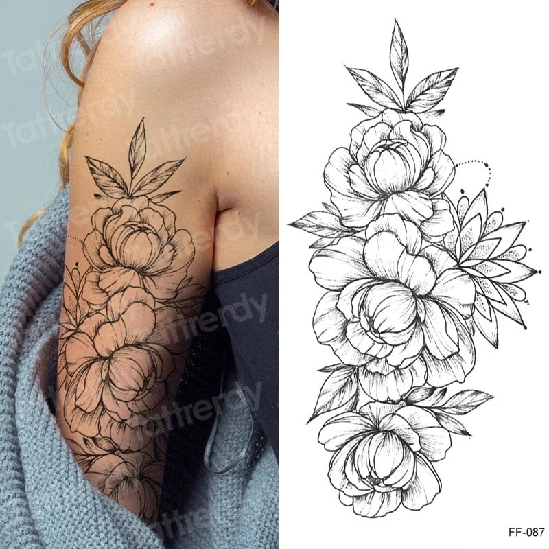 tattoo sticker women flower rose peony black tatouage temporaire femme temporary sleeve tattoo waterproof sexy body art fashion