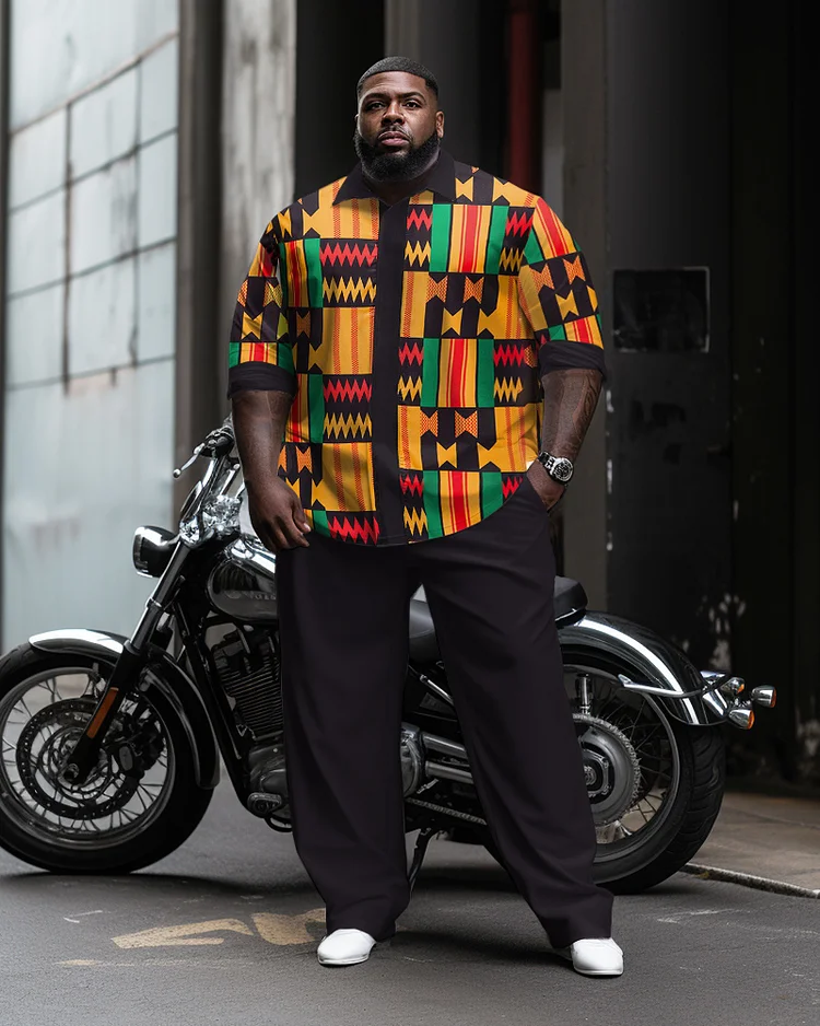 Plus Size Ethnic Style Men's Two-piece Colorblock Pattern Long -Sleeve Lapel Shirt Set