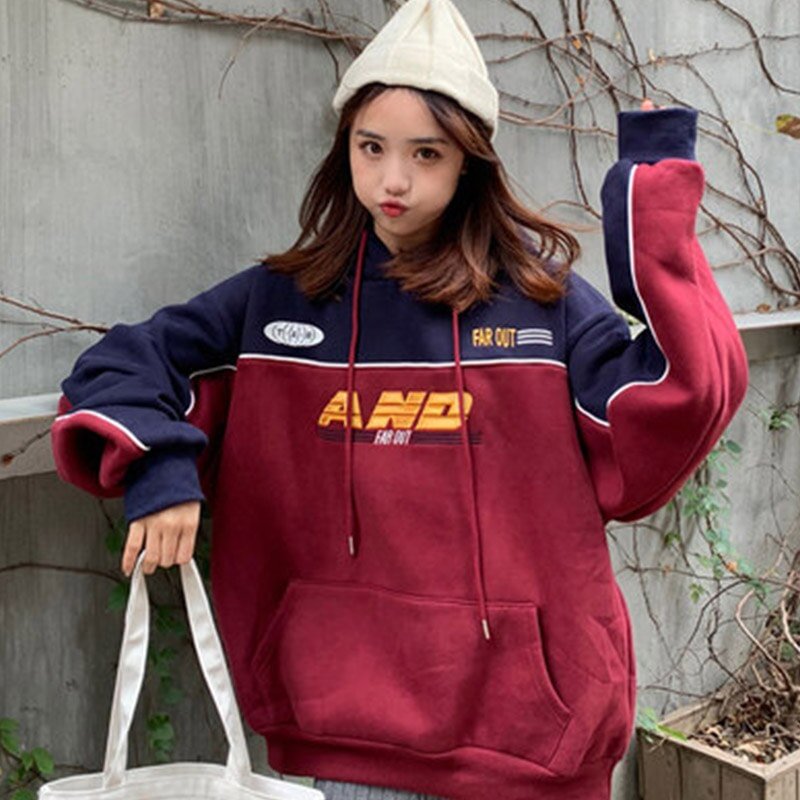 Clothes female long-sleeved shirt winter blouse loose hooded highnecked letter head lazy wind retro plus velvet thickening wild
