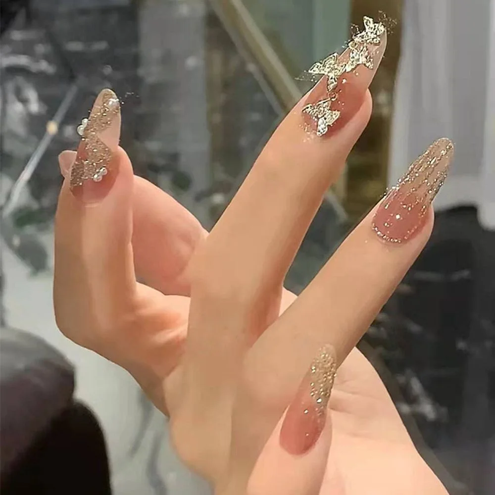 24Pcs Luxe Shining Rhinestone Wedding False Nails Transparent Glitter Gems Crown Designed Square Full Short Fake Art Bride-Nail Inspo