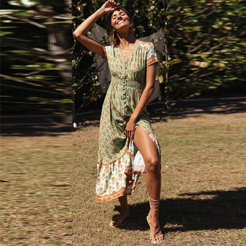 bohemian women cotton dress 2021 summer short sleeve aline elegant dresses femme sling button holiday print dress rode vestido