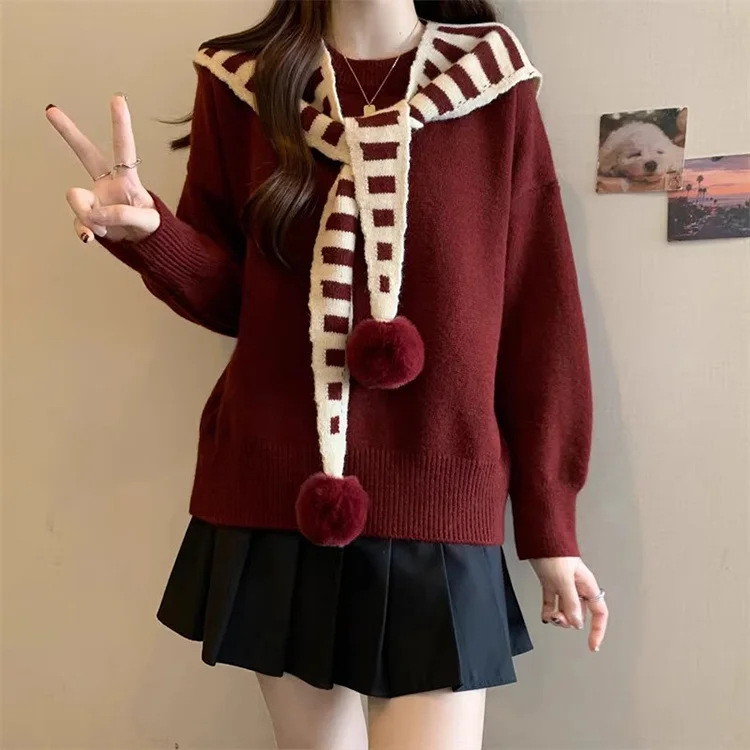 Athvotar Athvotar Two Striped Shawl Knitted Jersey Anola Red Sweater Women's Autumn And Winter Loose Knitted Top