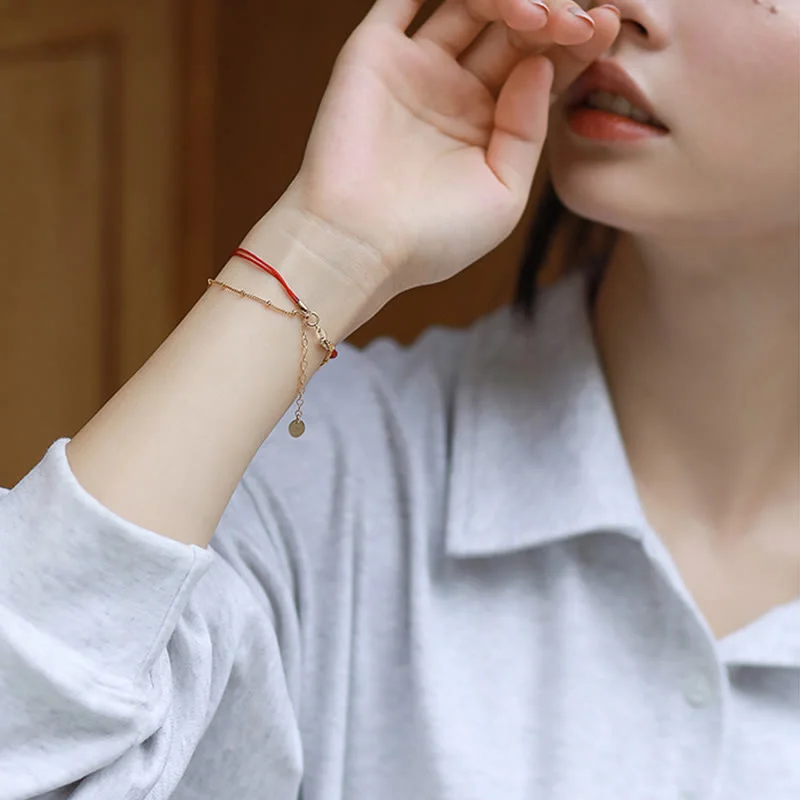 Luck Red String 14K Gold Plated Pearl Bead Double Layer Bracelet