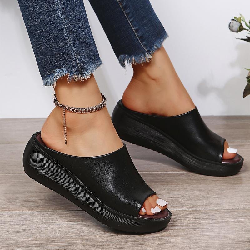Women's Casual Soft Comfortable Peep Toe Slip On Platform Heel Sandals