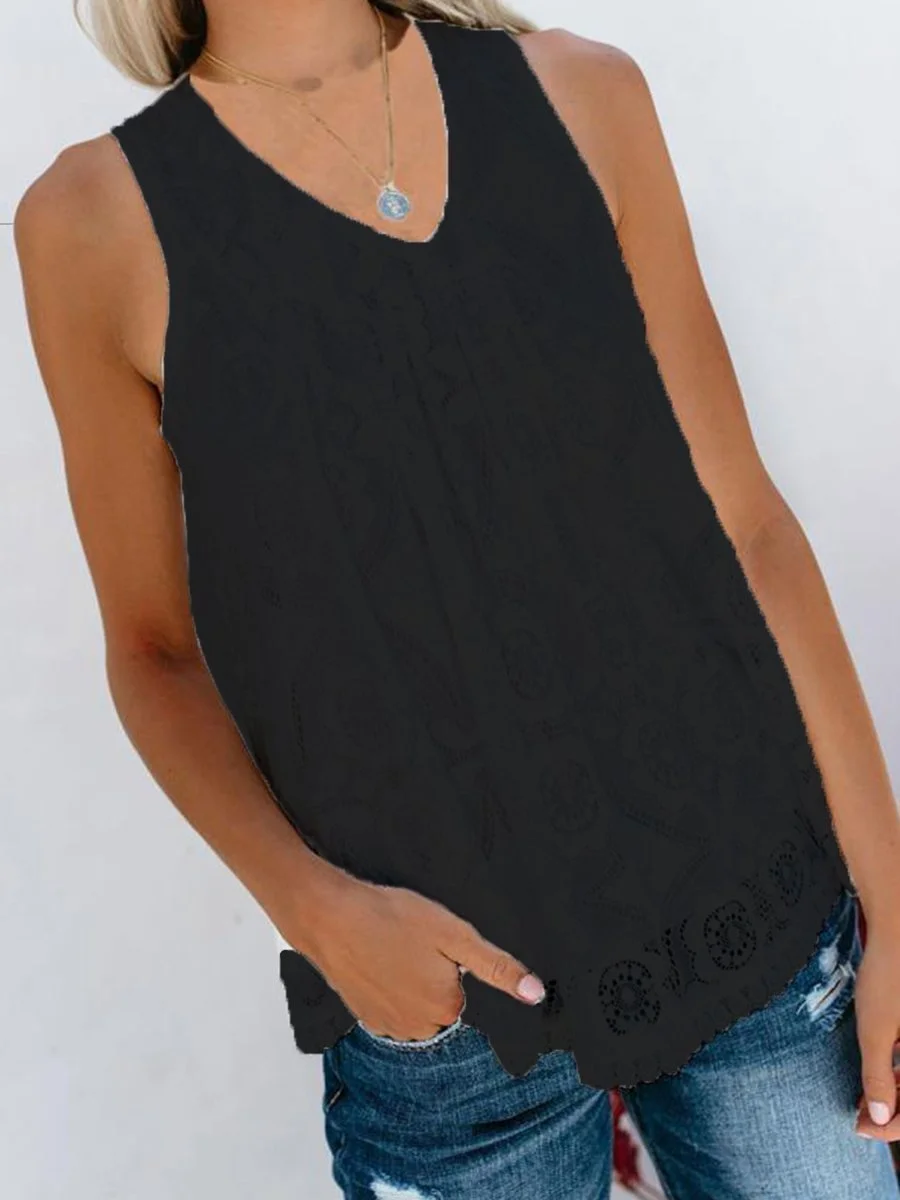 New Summer Fashion V-Neck Stitching Solid Color Lace Tank Top