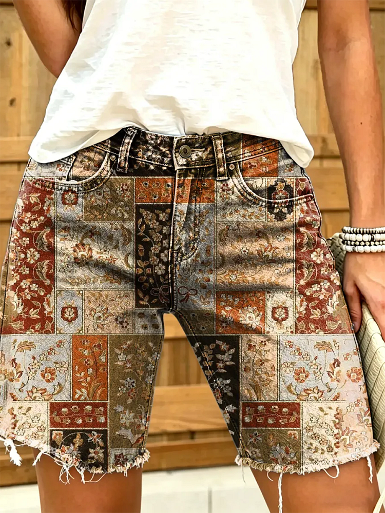 Women's Vintage Floral Print Denim Shorts