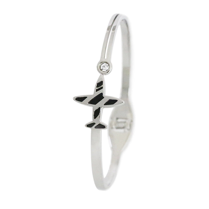 Minimalist Airplane Stainless Steel Enamel Plating Inlay Zircon 18k Gold Plated Bangle