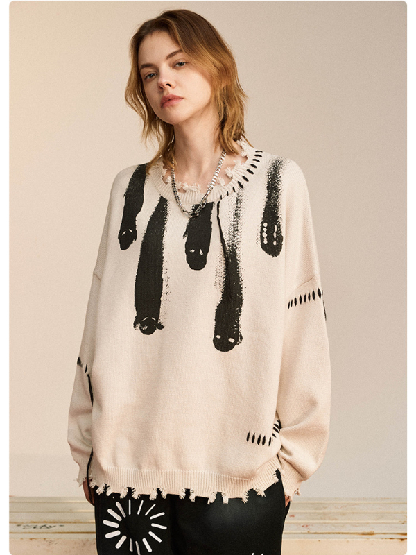 Ghost Fringed Color Block Loose Sweater