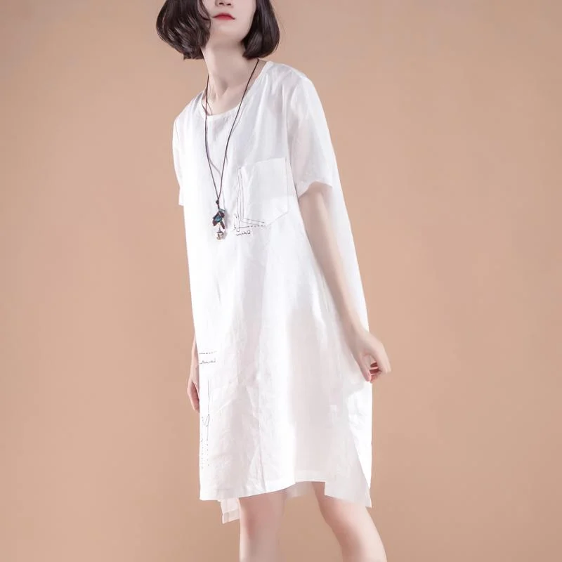 fine linen cotton dress oversize High-low Hem Summer Short Sleeve Pockets slit White Dress
