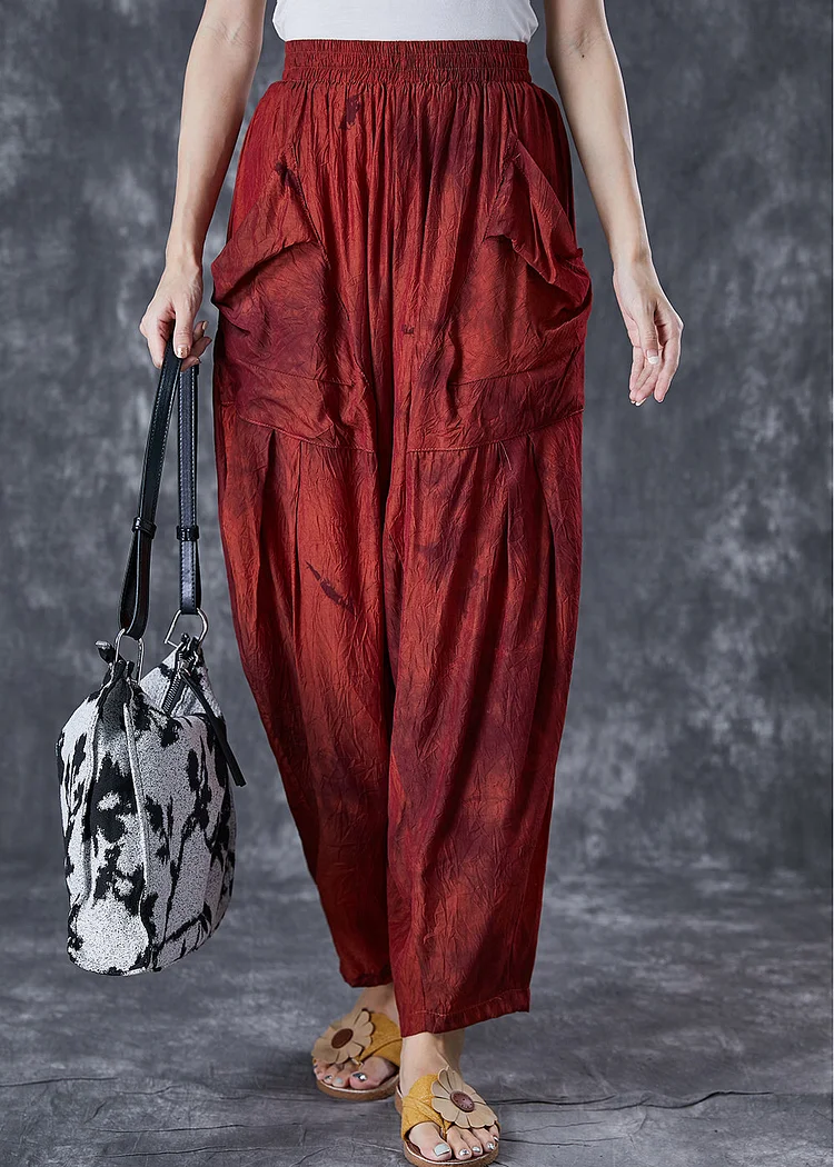 Brick Red Tie Dye Harem Pants Wrinkled Pockets Summer
