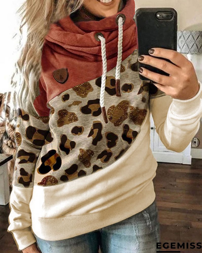 Lantern Sleeve Colorblock Leopard Print Hooded Top | EGEMISS