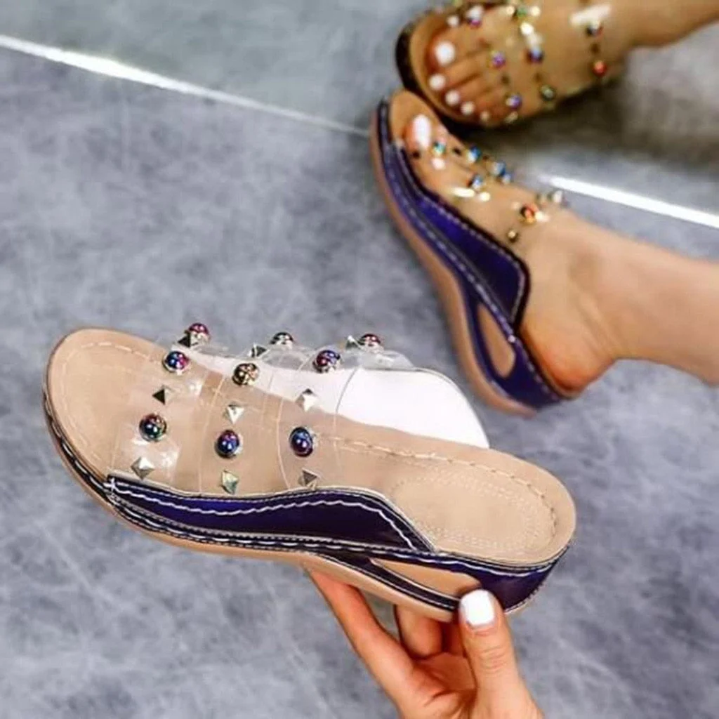Womens Transparent Sandals Summer Beach Shoes Flip-Flops Open Toe Rhinestone Casual Beach Shoes Flats Bohemian Sandals