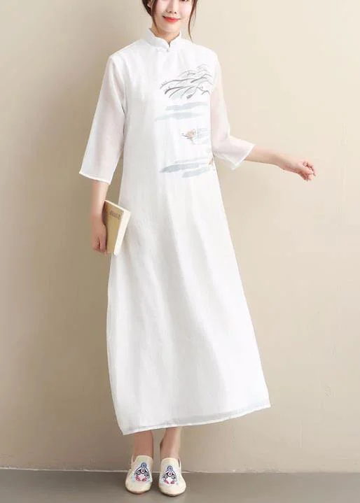 Loose Stand Collar Summer Clothes Women Fabrics White Print Loose Dresses
