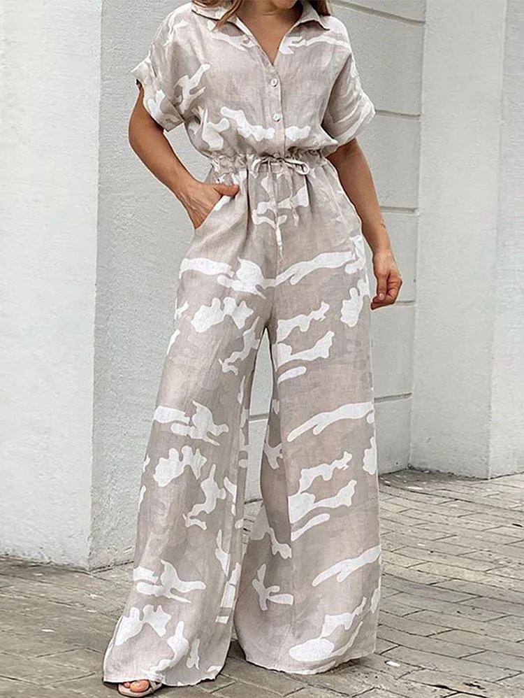 Casual Calico Lapel Collar Knot Waist Short Sleeve Loose Jumpsuit