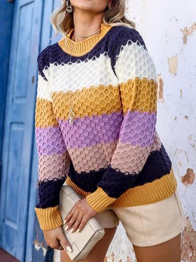 Women's Scoop Neck Knitted Color-Blocking Long Sleeved Sweater Top