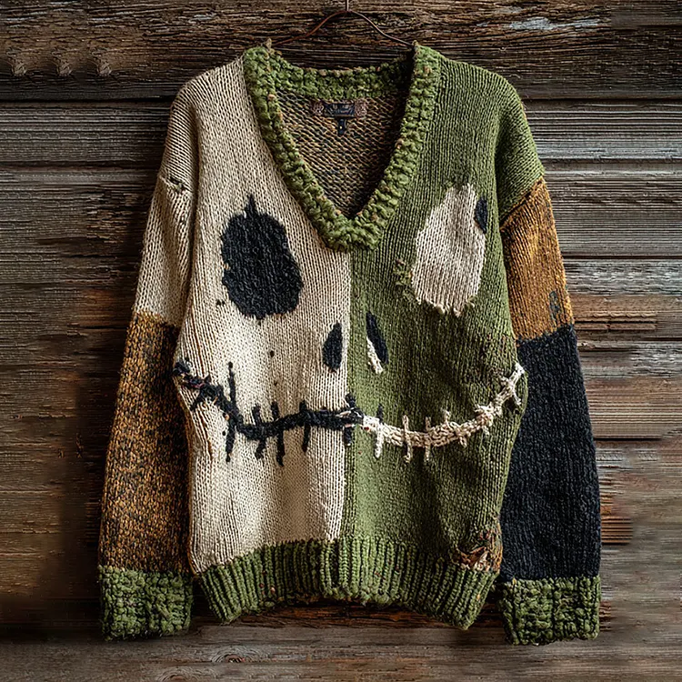 Halloween Spooky Face Contrast Stitching Comfortable Knitted V-neck Sweater