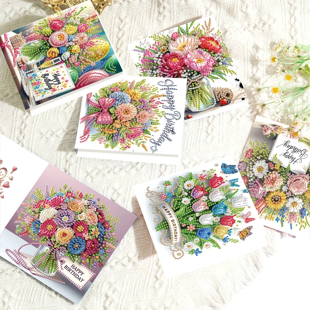 [Upgrade-Laser Card]6Pcs Birthday Bouquet DIY Diamond Painting Card Diamond Drawing Card for Friends