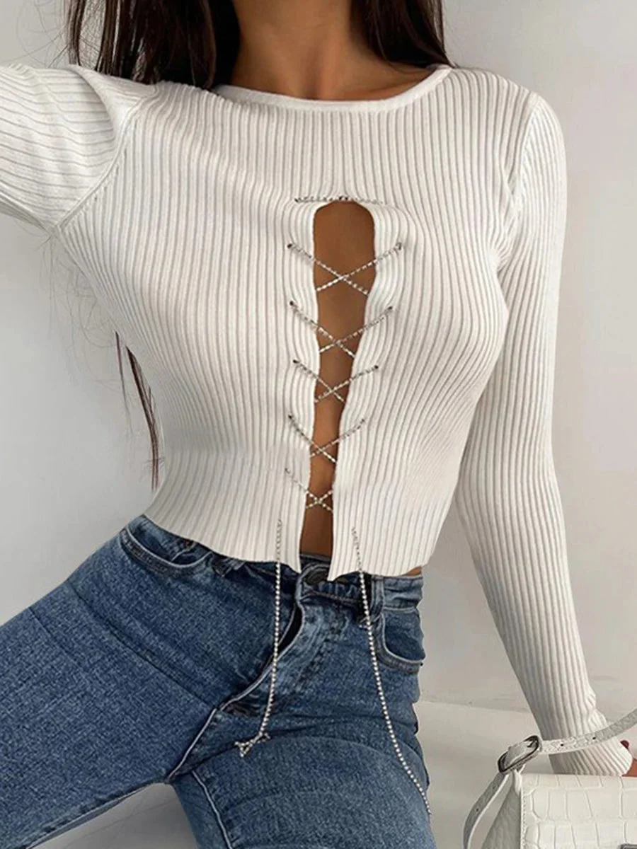 Oocharger Autumn Cutout Chain Bandage Knitted T-Shirts Women Streetwear Fashion Simple Style Long Sleeve O-Neck Slim Knitwear Tops