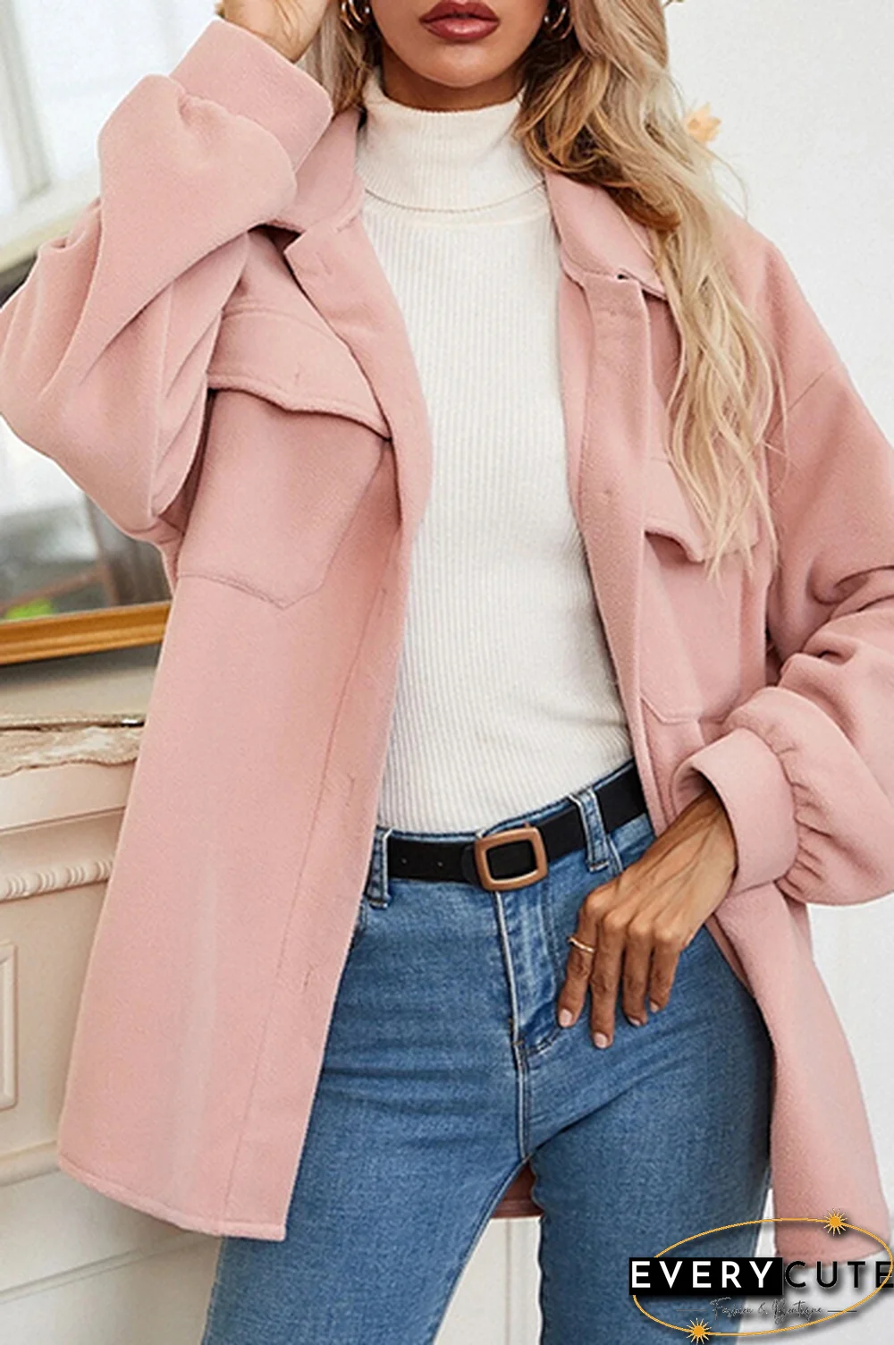 Elegant Solid Pocket Buckle Turndown Collar Outerwear