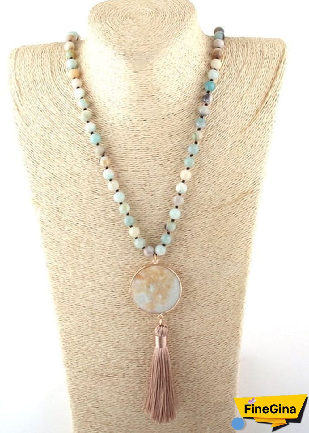 Boho Necklace, RH Amazonite Jasper, Circle Tassel Green White Natural Stone