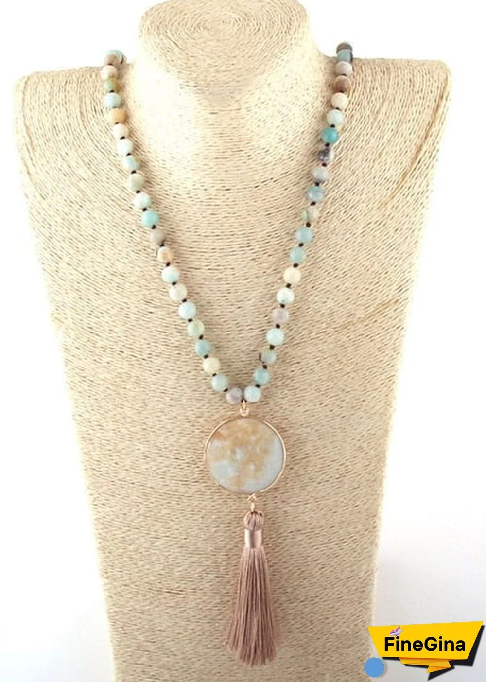 Boho Necklace, RH Amazonite Jasper, Circle Tassel Green White Natural Stone