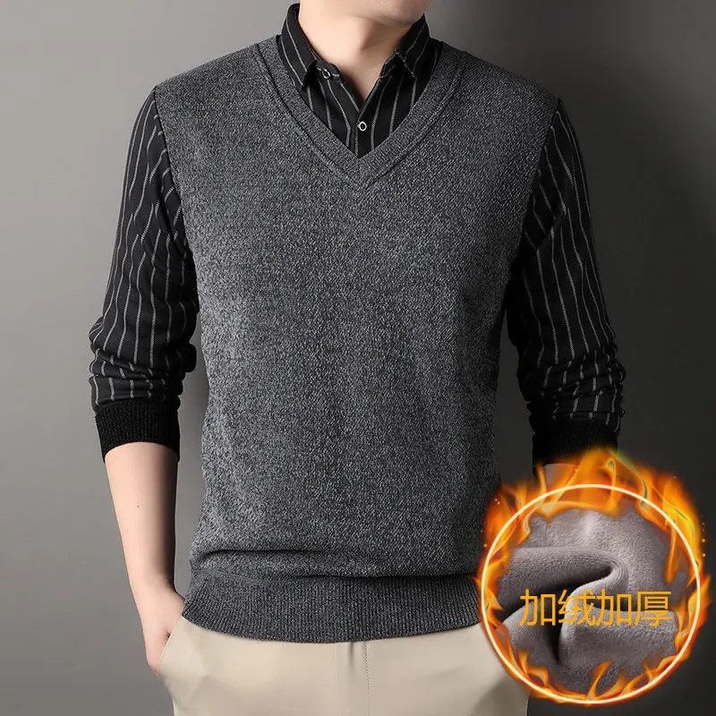 New Winter Men Casual Shirts Collar Sweaters Outwear Twinset Shirts Sweaters Knitted Pullovers Male Winter Fleece Sweaters 4XL