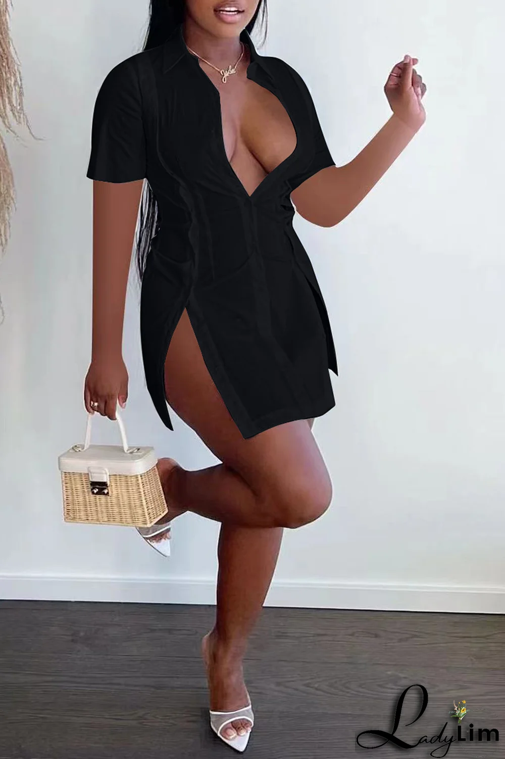 White Casual Solid Split Joint Turndown Collar Shirt Dress Dresses