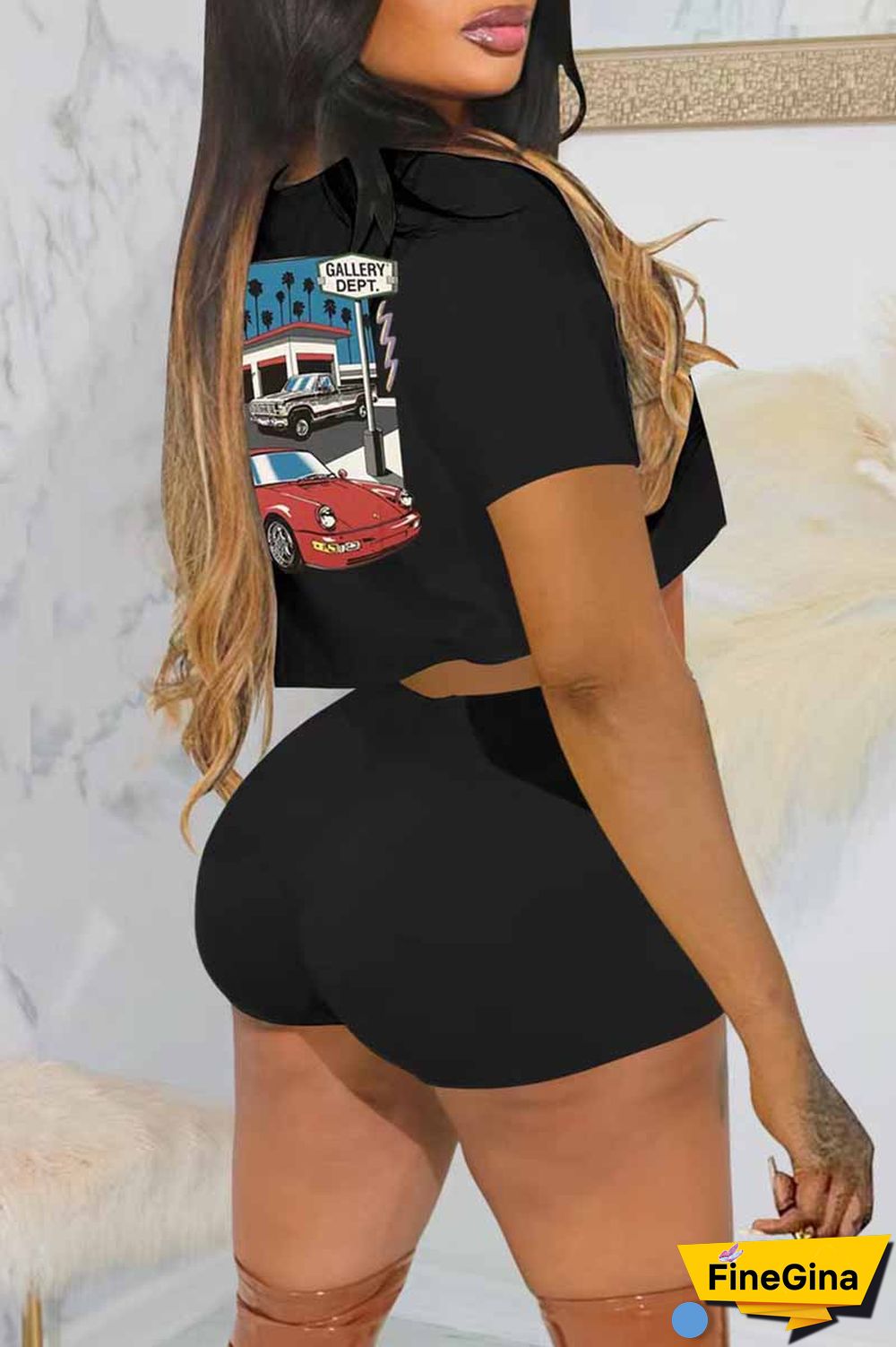 Black Casual Print Letter O Neck Short Sleeve Two Pieces