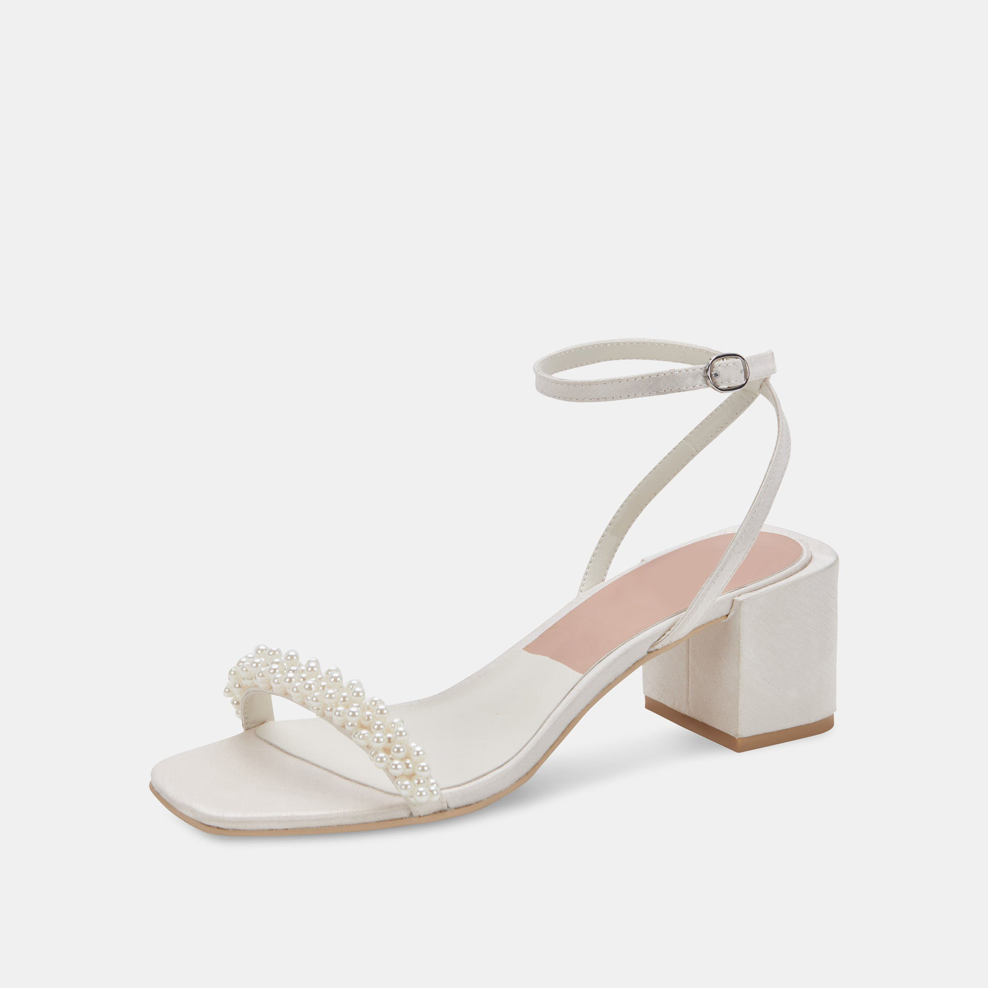 White Square Toe Chunky Heel Pearl Embellished Wedding Shoes for Bride Nicepairs