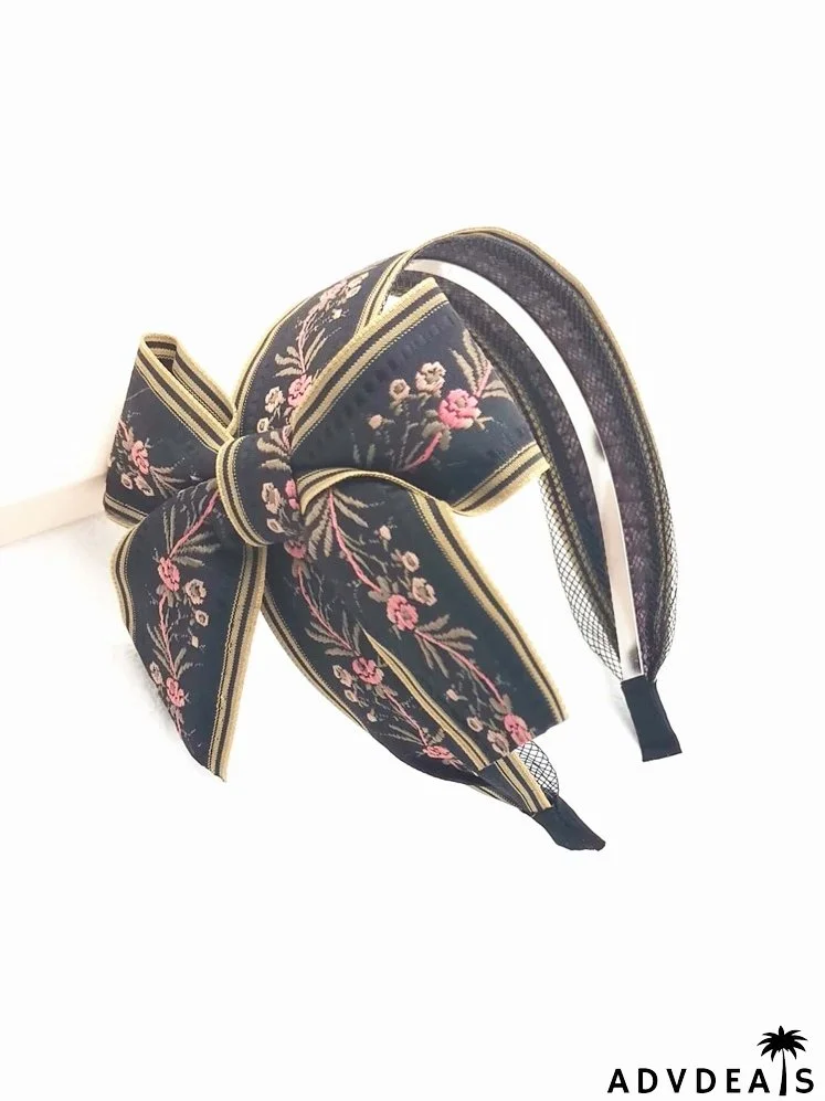 Flower Embroidered Bow Decor Headband