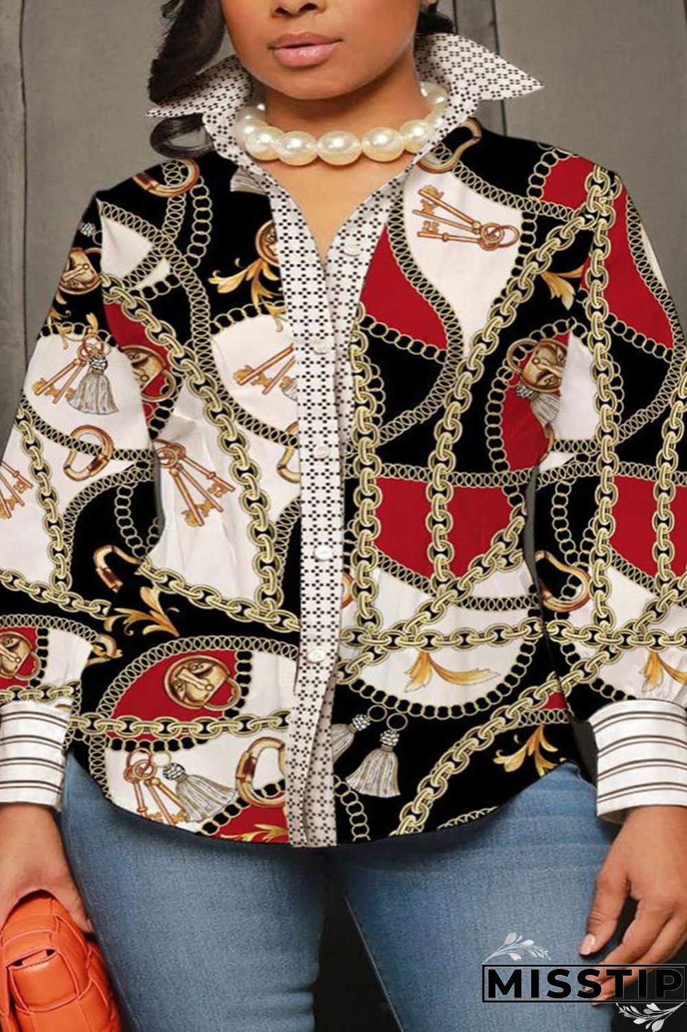 Black White Casual Street Print Patchwork Buckle Turndown Collar Plus Size Tops