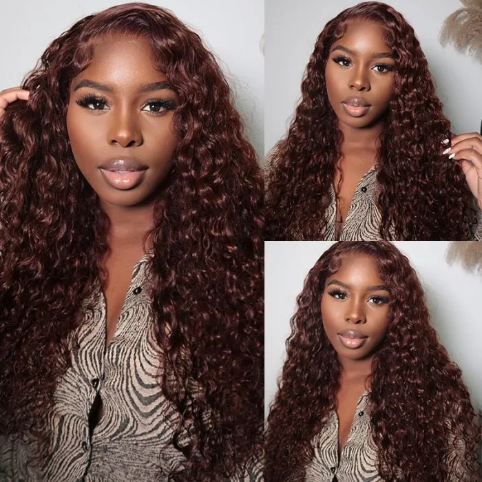 Jerry Curly Auburn Copper Color 13x4 Lace Front Wig High Quality Human Hair Dark Brown