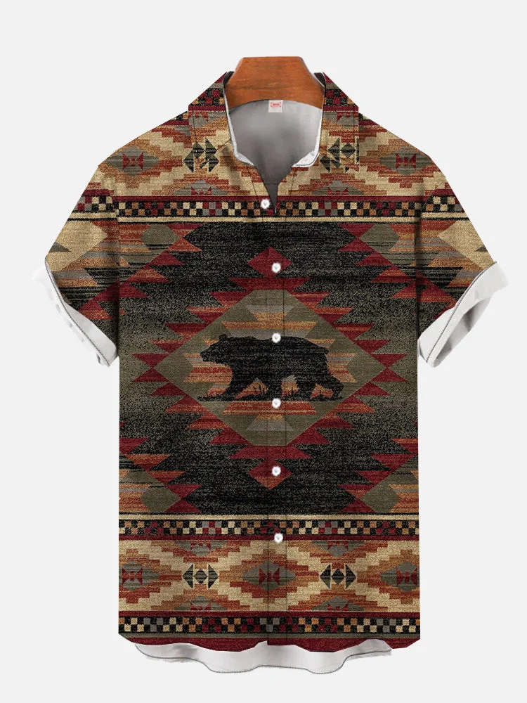 National Style Native American Jacquard Bear Diamond Pattern Printing Men's Short Sleeve Shirt