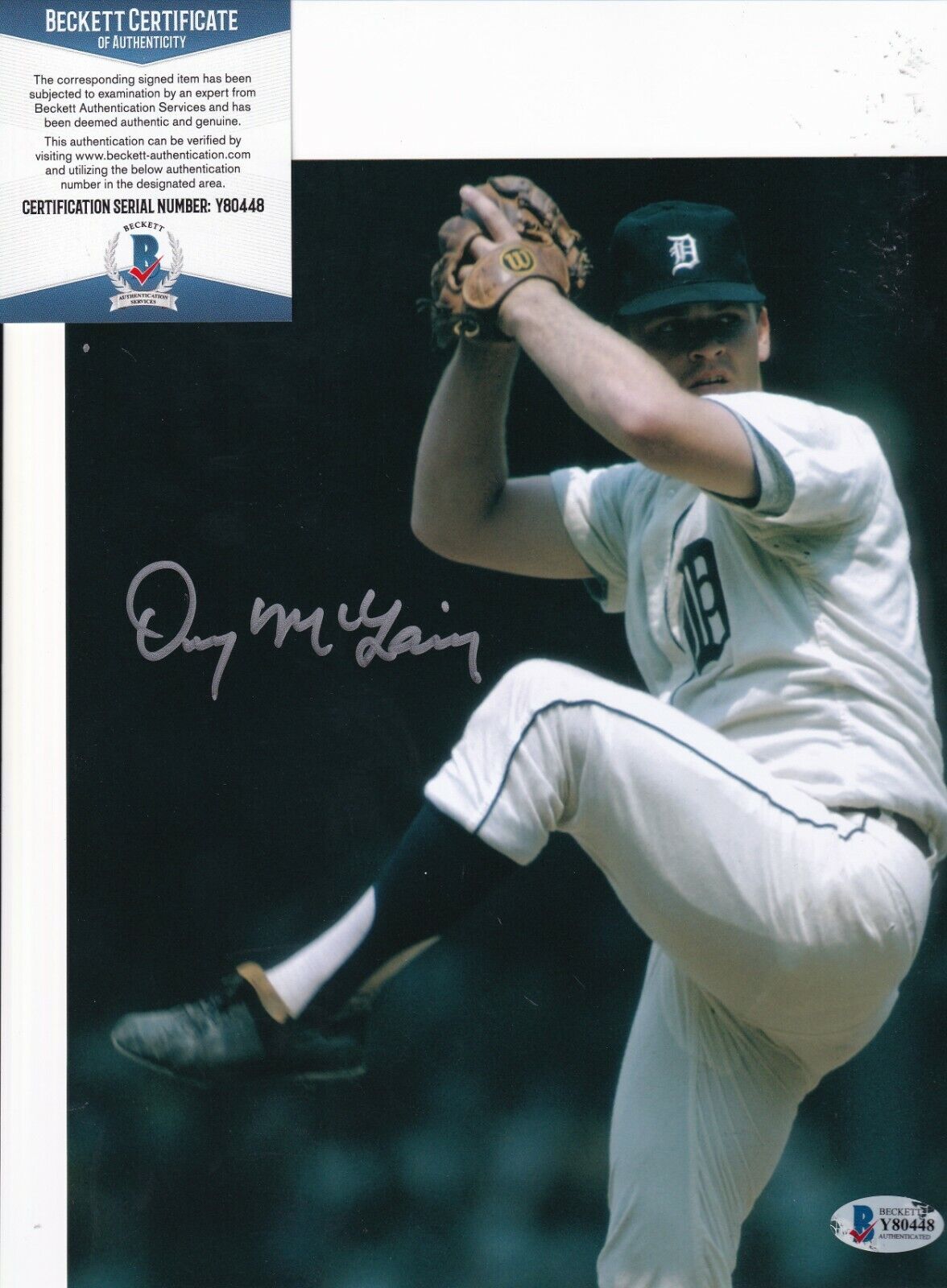 DENNY MCLAIN signed (DETROIT TIGERS) Baseball 8X10 Photo Poster painting BECKETT BAS Y80448